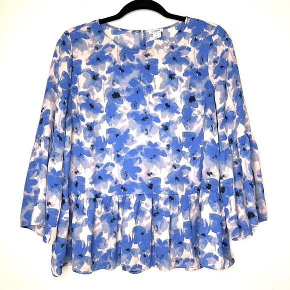 J. Crew Tops - Women’s J Crew Floral Peplum Top Shirt Ruffled Blue Off White